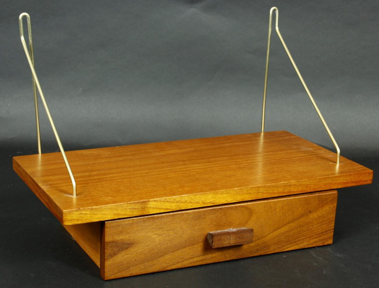 A pair of vintage teak hanging wall shelves fitted with frieze drawers. H.26 W.40 D.21cm - Image 4 of 6