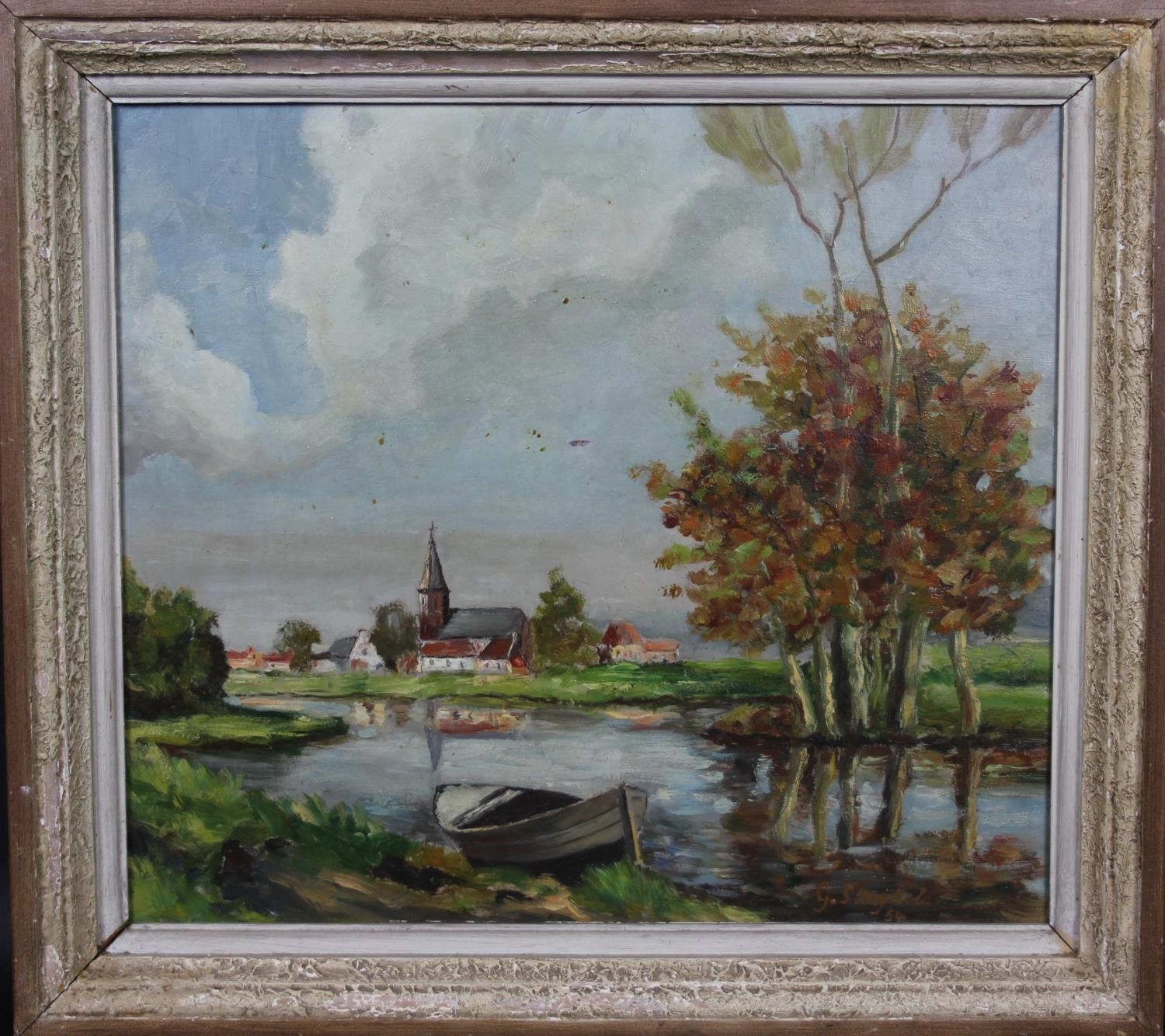 An oil on board, riverscape wich church and village in the distance, signed Strybol with a - Image 4 of 5