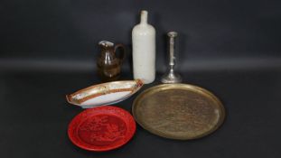 A miscellaneous collection of items, a silver plated telescopic candlestick, engraved brass tray,