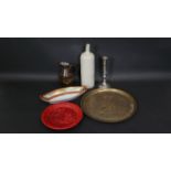 A miscellaneous collection of items, a silver plated telescopic candlestick, engraved brass tray,