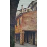 A framed oil on canvas, Italian street scene, by Gilberto Orsoni with inscription to the reverse.