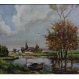 An oil on board, riverscape wich church and village in the distance, signed Strybol with a