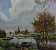 An oil on board, riverscape wich church and village in the distance, signed Strybol with a