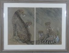 A framed and glazed pastel dyptich study of a cheetah and her cubs by Bella Prideaux, signed