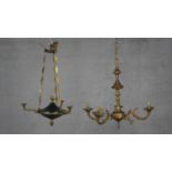 An antique brass and metal three branch ceiling chandelier along with a gilt five branch chandelier.