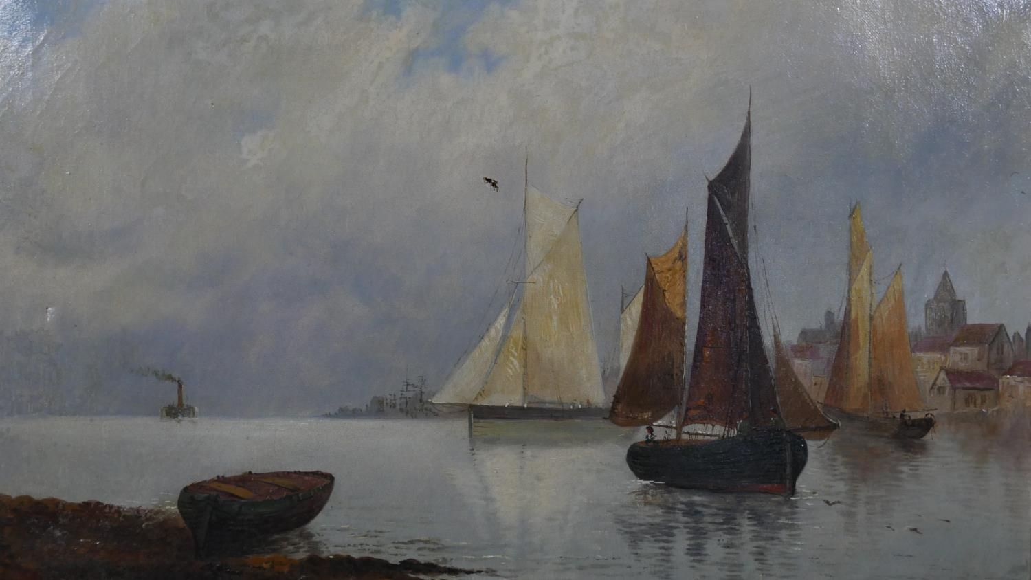 A framed oil on canvas, sailing ships in a harbour setting, indistinctly signed and a framed and - Image 2 of 12