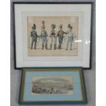 Two framed and glazed antique hand coloured military engravings. One of various styles of French