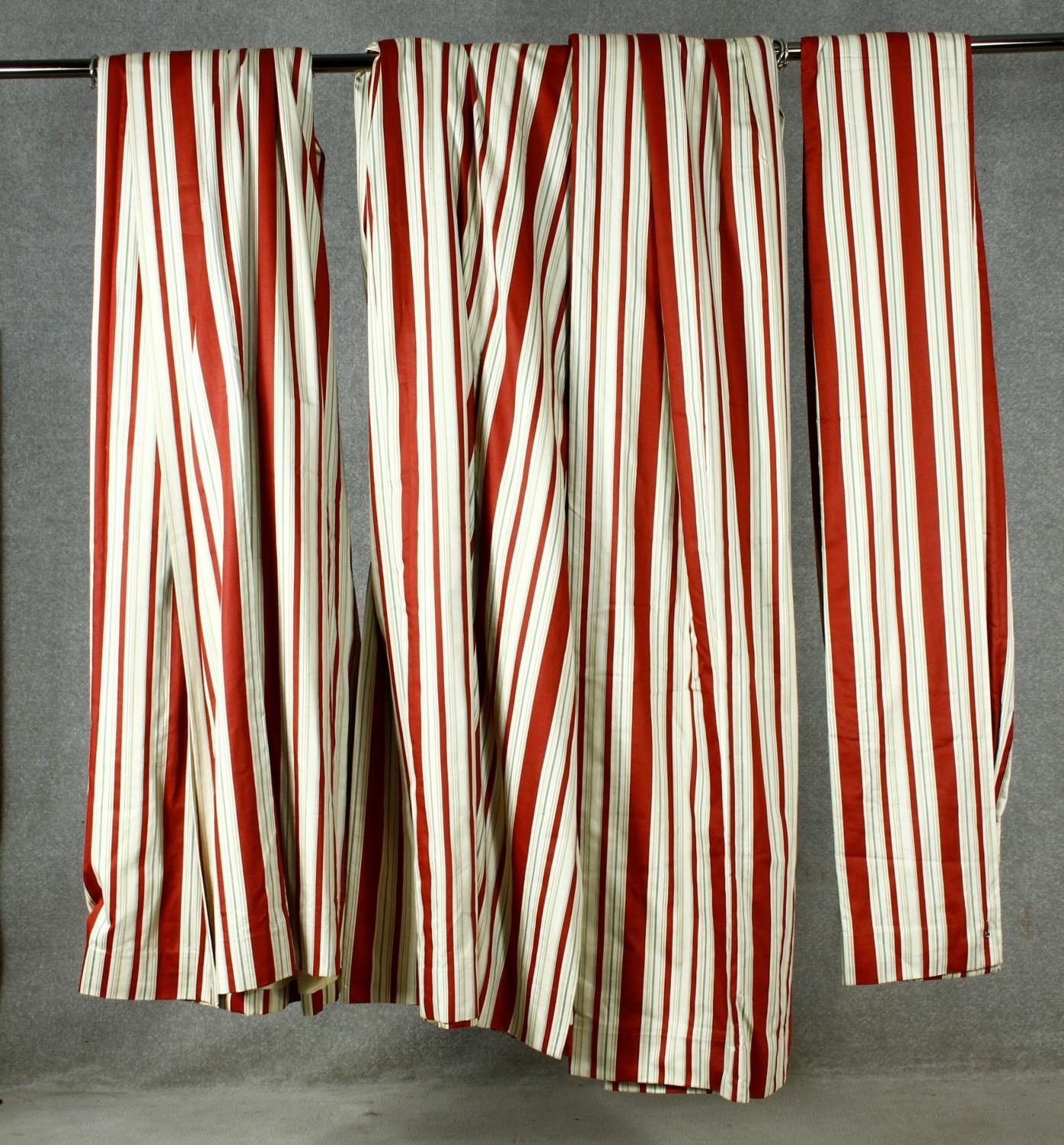 Two pairs of red and while lined striped silk curtains. H.270, top, W.55 bottom, W.180cm