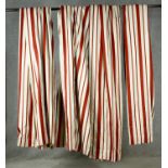 Two pairs of red and while lined striped silk curtains. H.270, top, W.55 bottom, W.180cm