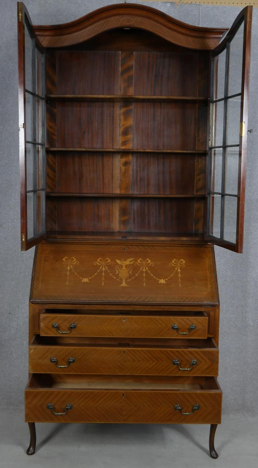 An Edwardian mahogany bureau bookcase with satinwood swag and urn inlay to the fall front raised - Image 2 of 5