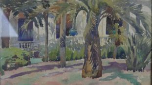 A watercolour, palms in a courtyard setting, signed Claudia Fourreau Segend, glazed in ornate gilt