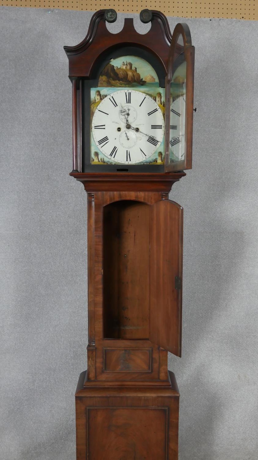 A Georgian mahogany longcase clock with painted arched dial and eight day movement by George Hood, - Image 2 of 10