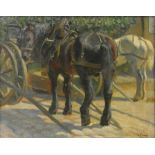 After Anton Mauve (1838-1888), oil on canvas, shire horses in a yard. H.69 W.84cm