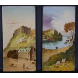 Two 19th century painted tiles, one titled Edinbro' Castle the other of a loch scene. H.31 W.15.5cm