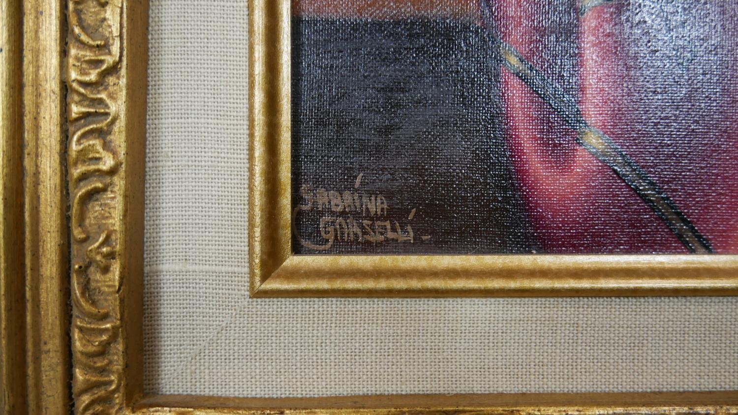 Sabrina Garzelli (B.1968), a gilt framed oil on board, still life, signed. H.60 W.70cm - Image 3 of 6