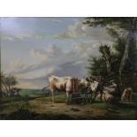 After Albertus Verhoesen (1806-1881), a 19th century oil on panel, cattle and sheep in an