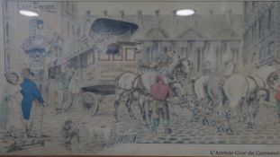 A framed and glazed hand coloured antique print of The Arrival Cour du Carrousel, 1820 by JL Dugast.