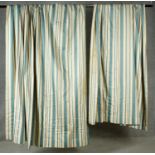 A pair of lined silk green and white striped curtains. H.203. Top W.60, Bottom W.160cm