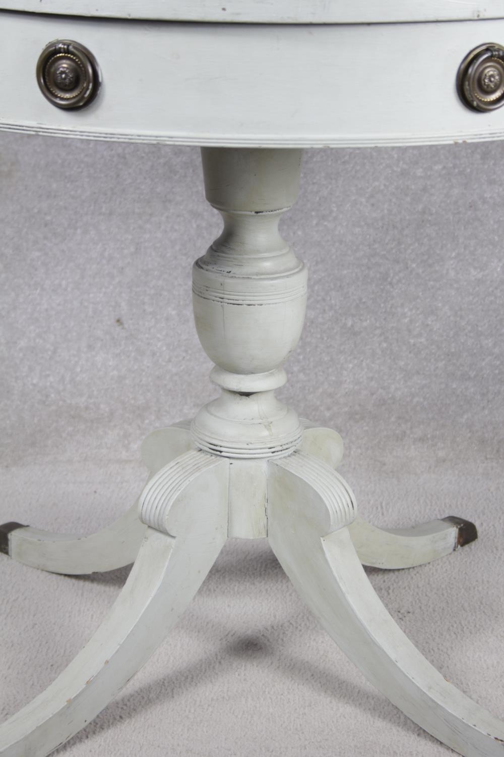 A vintage white painted drum table with plate glass top and frieze drawers raised on pedestal base - Image 2 of 11