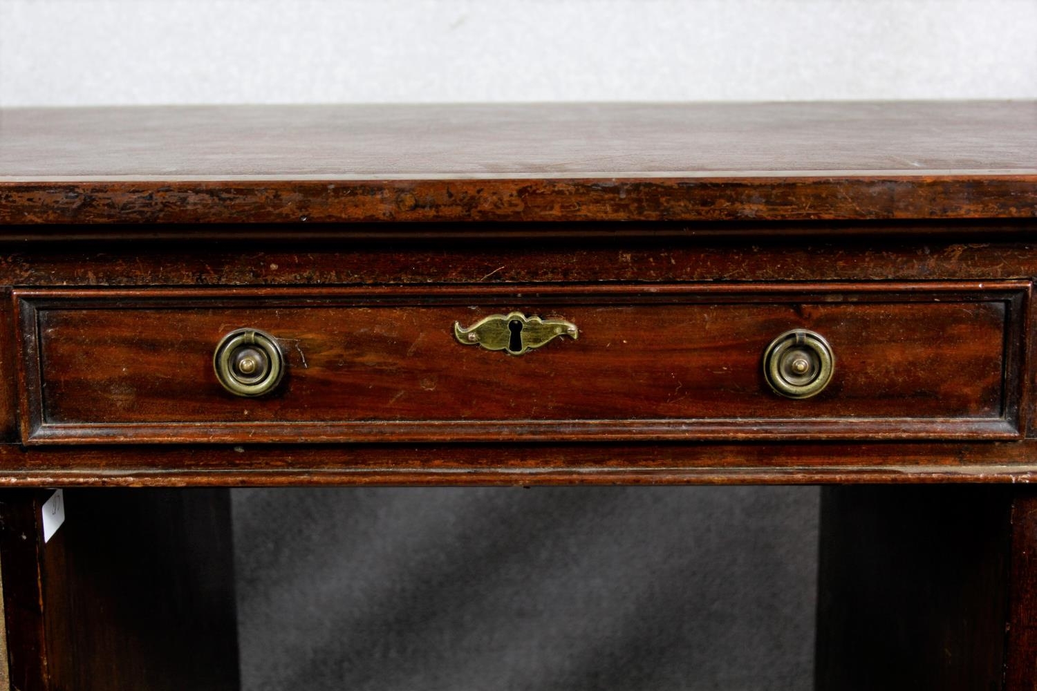 A 19th century three part mahogany pedestal desk with an arrangement of nine drawers on plinth base. - Image 8 of 14