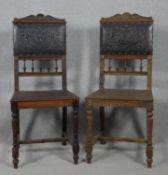 A pair of late 19th century Argentinian oak hall chairs in embossed leather upholstery.