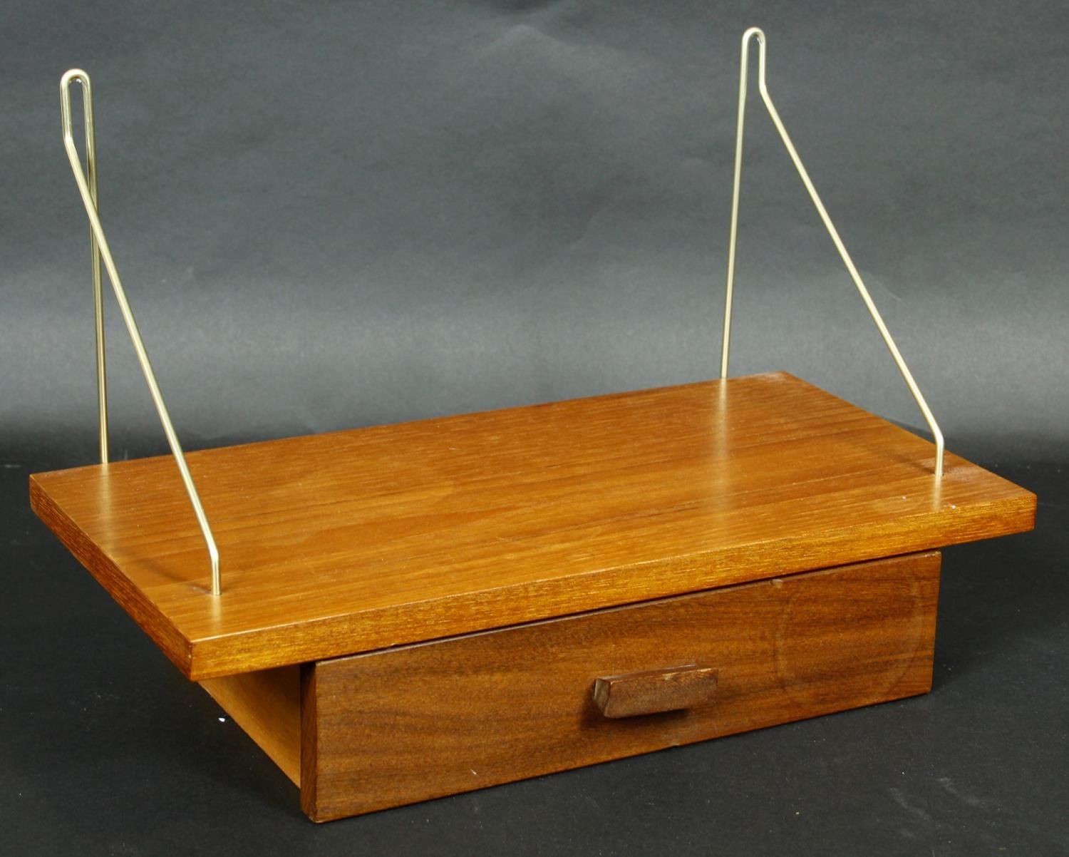 A pair of vintage teak hanging wall shelves fitted with frieze drawers. H.26 W.40 D.21cm - Image 2 of 6