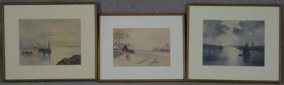 A collection of three 19th century watercolours, boats and a rural village scene, unsigned. H.35.5