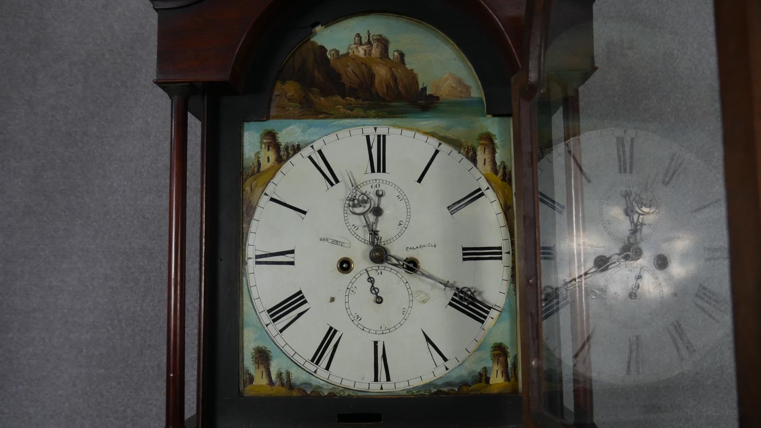 A Georgian mahogany longcase clock with painted arched dial and eight day movement by George Hood, - Image 3 of 10