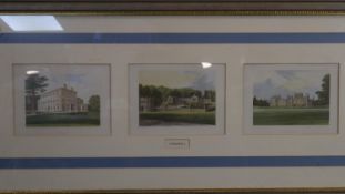 A framed and glazed triptych of hand coloured antique engravings of Cornwall. To include