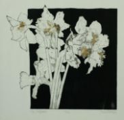 A framed and glazed signed limited edition etching of six daffodils, signed Susan Hodges, titled '