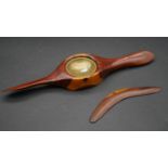 A vintage Australian hardwood propeller with inset brass bowl to the centre and a miniature