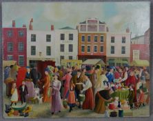 Pamela Cornell (1928-1987), unframed oil on canvas, East End Market, signed bottom right and signed,