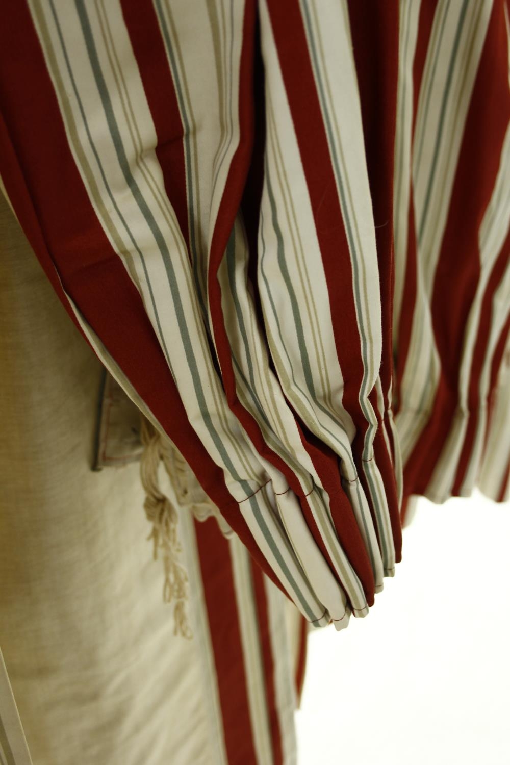 Two pairs of red and while lined striped silk curtains. H.270, top, W.55 bottom, W.180cm - Image 3 of 3