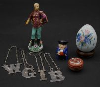 A collection of items. Including a Victorian blown glass easter egg, four silver plate engraved