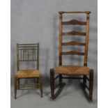A late 19th century Sussex style child's chair and a 19th century elm ladderback rocking chair. H.