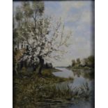 A gilt framed oil on canvas, riverscape, signed W Engelen with dedication label to the reverse. H.50