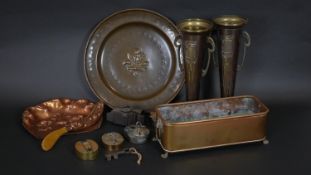 A collection of brass and copper items to include four vintage padlocks, an Art Nouveau crumb