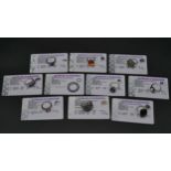 Ten silver gemstone set rings with certificates. To include a kyanite full eternity ring, a