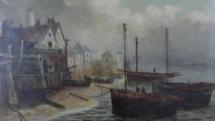 A C.1900 unframed oil on canvas, harbour setting with figures on fishing boats. H.61.5 W.92cm