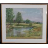 A framed and glazed pastel, pond in a landscape, indistinctly signed and dated. H.61 W.71cm