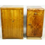 A mid century walnut Art Deco style record cabinet and a similar bedside cabinet. H.75 W.51 D.38cm