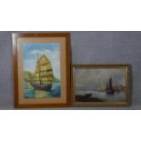 A framed oil on canvas, sailing ships in a harbour setting, indistinctly signed and a framed and