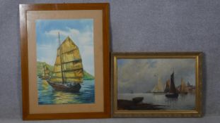 A framed oil on canvas, sailing ships in a harbour setting, indistinctly signed and a framed and