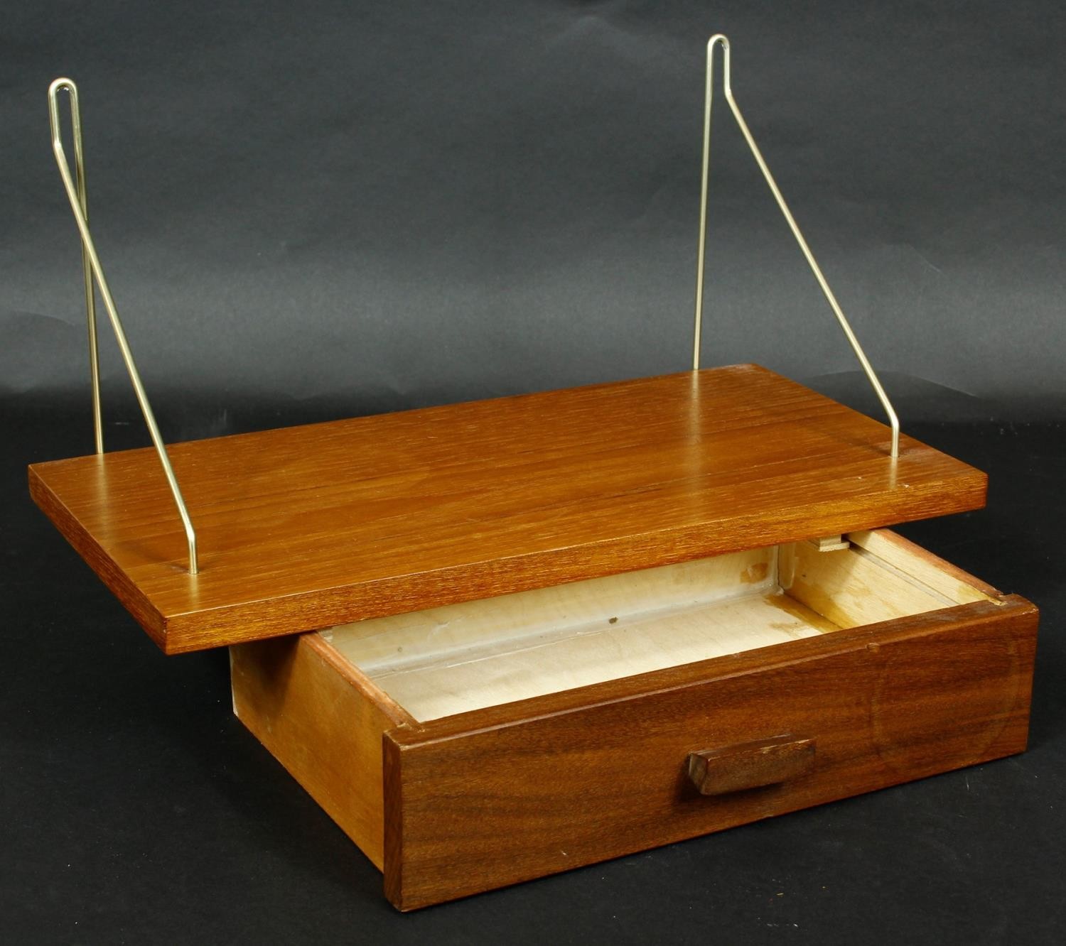 A pair of vintage teak hanging wall shelves fitted with frieze drawers. H.26 W.40 D.21cm - Image 3 of 6