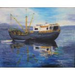An oil on board, fishing trawler at anchor, indistinctly signed. H.41 W.51cm