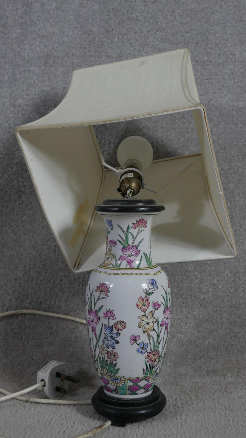 A Chinese style baluster form table lamp on hardwood base and a similar lamp. H.75cm (One in need of - Image 6 of 9