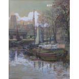 A framed and glazed watercolour, barges by a quay, signed P Tack and dated 1950. H.60 W.48