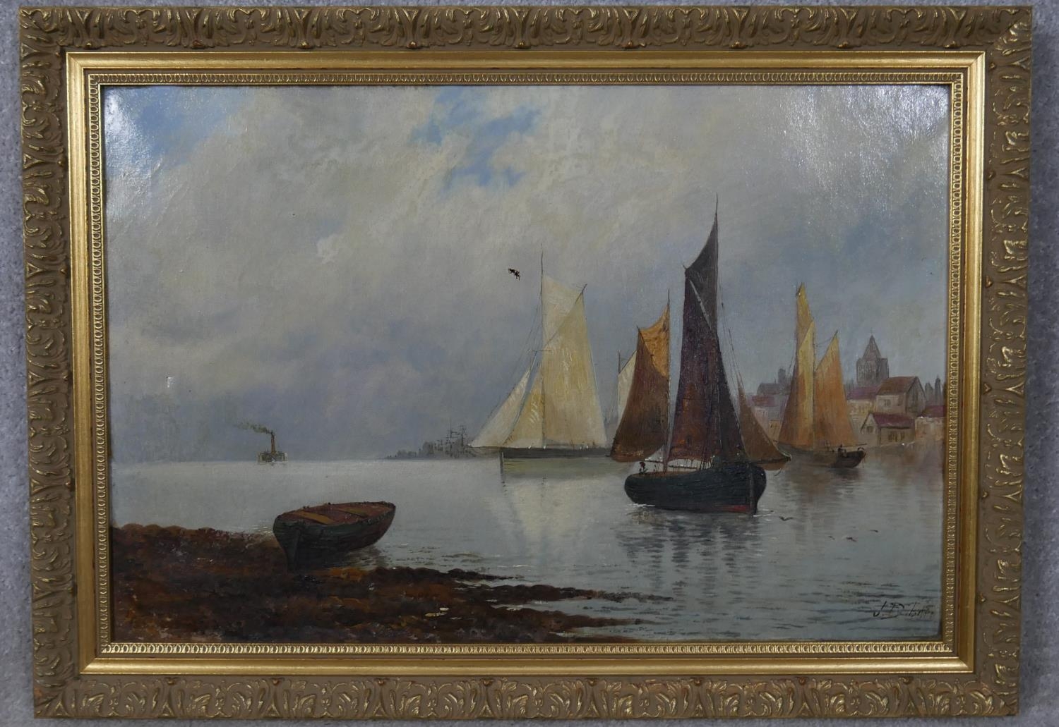 A framed oil on canvas, sailing ships in a harbour setting, indistinctly signed and a framed and - Image 3 of 12