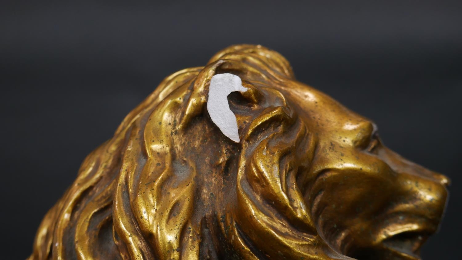 A gold and polychrome glazed ceramic sculpture of a lion roaring and standing on the Belgian flag on - Image 3 of 6