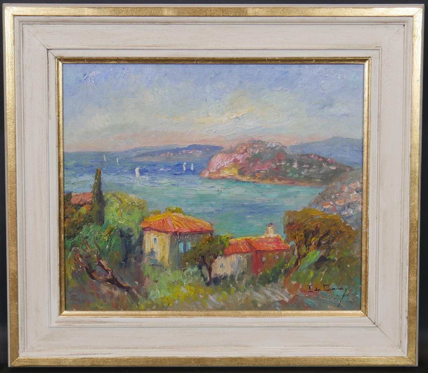 Isabelle de Ganay (B.1960), oil on canvas, Cote D'Azur bay scene with sailing ships, signed. H.54. - Image 2 of 5